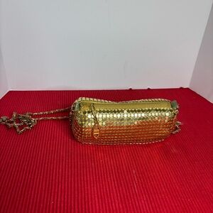 Y&S Gold Mini Purse. Gold Polished Metal Mesh With Shoulder Strap.